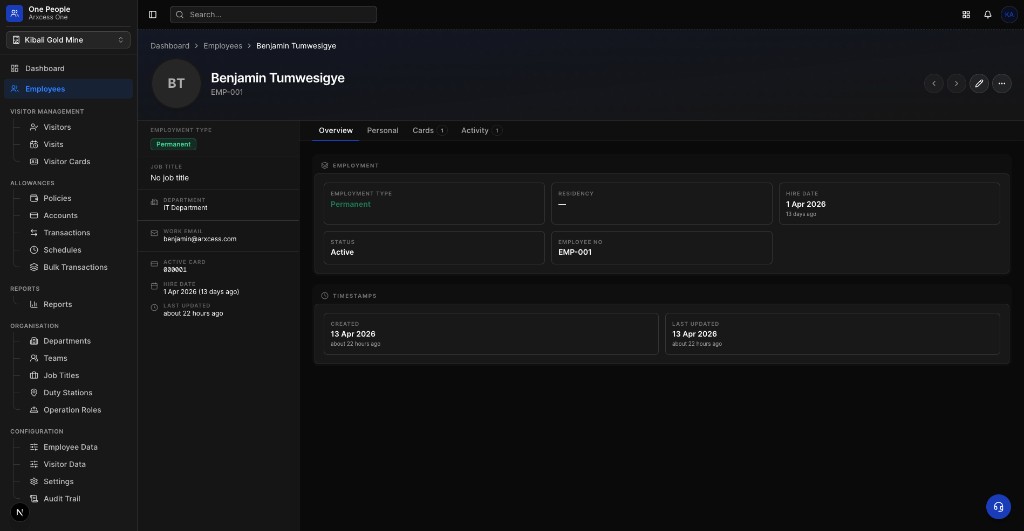 One People employee profile — employment, department, overview, and activity